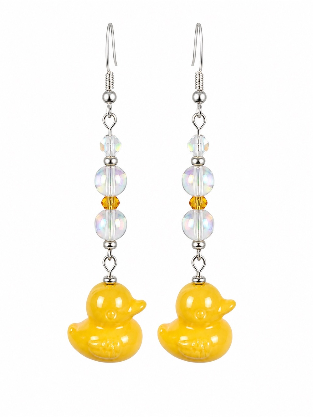 Yellow Duck Earrings with Precosia Crystal and Iridescent Glass Bubble Beads